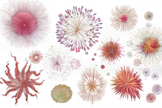 Illustration of fireworks in various shapes, stamens in various shapes
