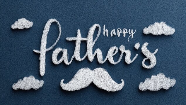 Happy fathers day text and mustache made of glitter on dark textured background with scattered glitter clouds