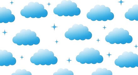 Seamless pattern with blue clouds and stars on white background for baby shower, nursery, textile, fabric, wallpaper and wrapping paper