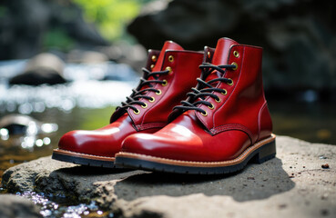 Red leather boots resting on a rock near a stream in an outdoor natural setting