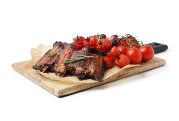 Roasted beef ribs with rosemary and tomatoes isolated on white