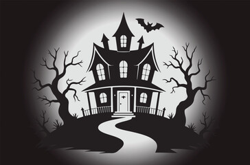 Haunted Halloween House with Bats, Spiders, Jack-o'-Lantern, and Creepy Trees in Spooky Graveyard Scene – Scary Night Background for Horror, Trick-or-Treat, or Halloween Party Design
