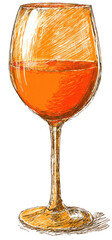 Hand-drawn illustration of an orange-colored drink in a wine glass