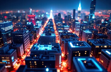 Fototapeta premium Aerial view of a vibrant city skyline illuminated with colorful lights at night