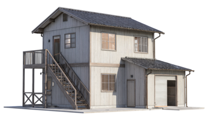 Two-story light gray house with wooden accents, Asian style, garage, and balcony