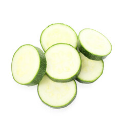 Pieces of fresh zucchini isolated on white, top view