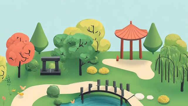 Idyllic japanese garden with pond, bridge, and traditional pavilion in isometric view