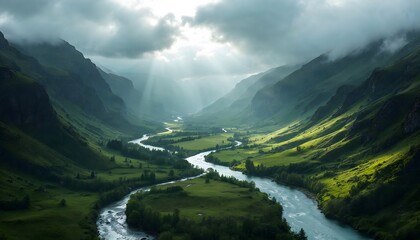 Fototapeta premium Dramatic Mountain Valley with River and Sunlight Beams