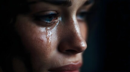 Fototapeta premium Close up of a tear falling down a person s cheek reflecting intense sadness and emotional depth in soft dramatic lighting