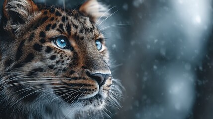 Fototapeta premium Close-up Portrait of a Leopard with Striking Blue Eyes in Winter