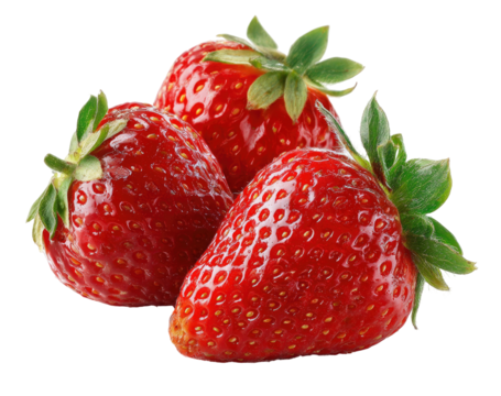 Three vibrant red strawberries, glistening, with green leafy tops, close-up