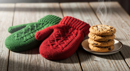 Red and green knitted winter mittens placed beside stack of chocolate chip cookies on wooden surface. Holiday comfort concept for seasonal accessories and homemade baked treats