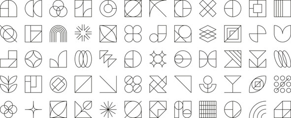 Modern geometric linear forms, abstract brutalism shapes. Simple contemporary style outline shapes, minimalist basic shape or symbol, swiss graphic design line element vector set