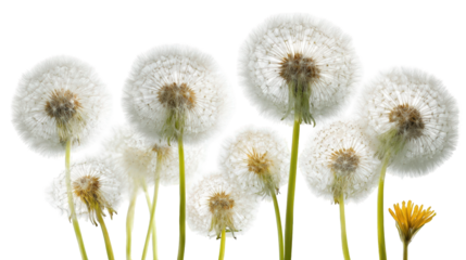 Fluffy white dandelion heads cluster closely