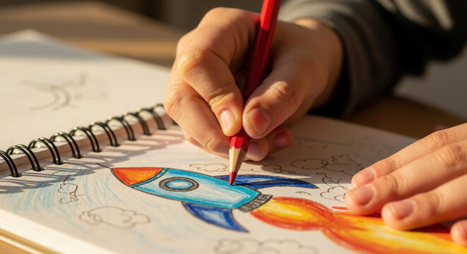 Hand coloring rocket ship drawing with red pencil in spiral notebook. Art therapy and creative activities for educational services and children development program marketing