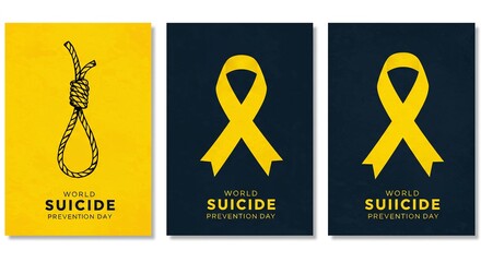 Three posters one with a noose two with a yellow ribbon Text reads World Suicide Prevention Day