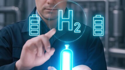 Hydrogen energy concept glowing blue hydrogen tank battery icons floating above hand symbolizing clean power futuristic technology innovation digital gas cylinder sustainable fuel industrial setting