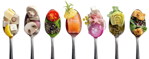 Assorted Food Delights on Spoons