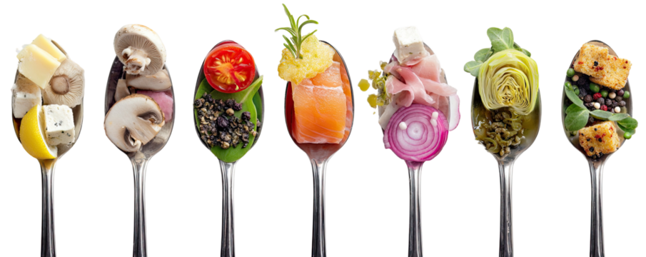 Assorted Food Delights on Spoons