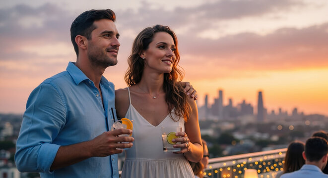 Happy couple with cocktails enjoying sunset rooftop party with city skyline backdrop view. Urban nightlife concept for romantic evening entertainment and social celebration activities