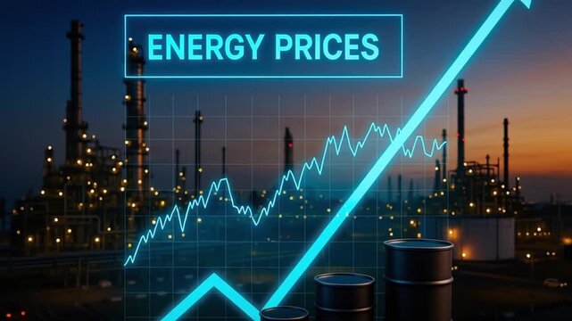 Energy price growth with oil barrel refinery silhouette at sunset showing rising graph arrow symbolizing market trends and increasing fuel cost economic impact in energy sector