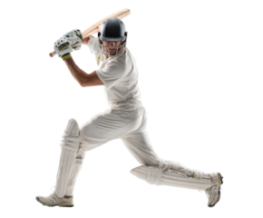 A cricket batsman in full swing, capturing the intensity and dynamic motion of the game.