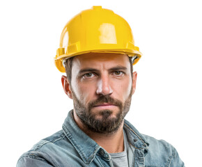 Construction worker with a serious expression wearing a yellow hard hat.