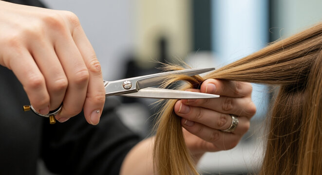 Professional hairdresser hands using sharp scissors to cut blonde hair section during salon appointment. Hair styling concept for beauty services and professional haircut techniques