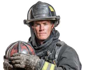 A focused firefighter in uniform holding a helmet, ready to serve and protect.