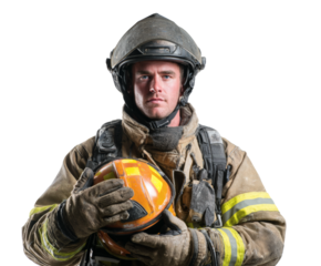 Firefighter in full gear holding a helmet, looking at the camera.