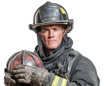 A focused firefighter in uniform holding a helmet, ready to serve and protect.