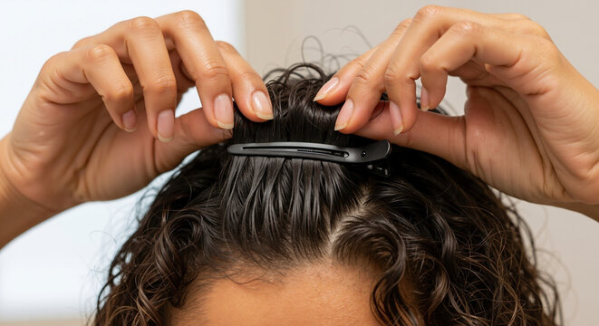 Hands carefully placing small black hair clip into brown wavy hair during styling routine. Hair care concept for personal grooming and beauty accessory styling techniques