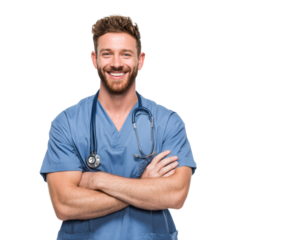 A happy male nurse with a stethoscope smiles, ready to provide care and support.
