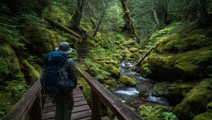 Fototapeta premium Hiker on a Wooden Bridge in a Lush Green Forest