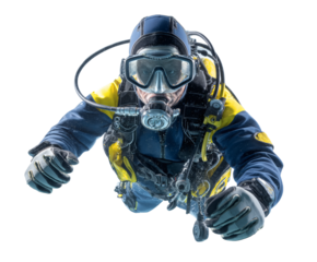 Diver exploring underwater with diving equipment.