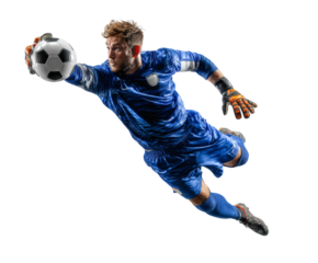 Goalkeeper makes an impressive save, diving for the soccer ball.