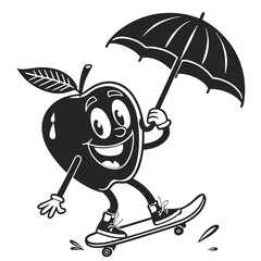 Cartoon apple character skateboarding while holding an umbrella in black and white illustration style vector illustration