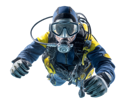 Diver exploring underwater with diving equipment.