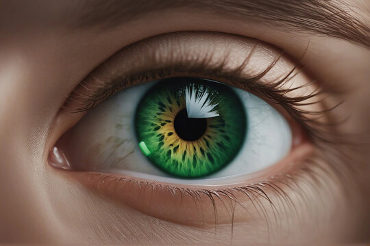 A detailed, ultra-realistic illustration of a vibrant green eye. photography of green eye.