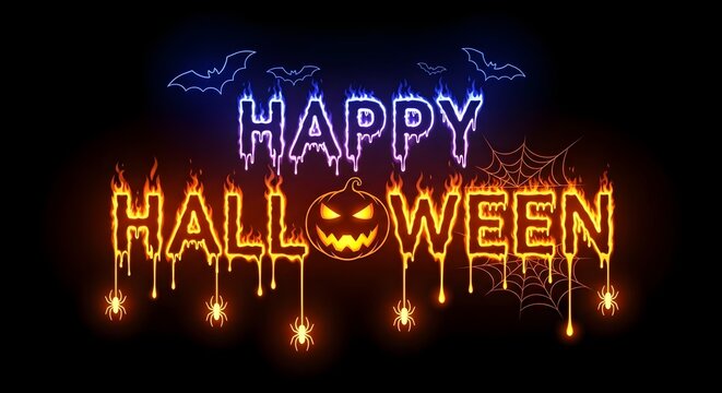 Fiery and electric neon text happy halloween with a jackolantern and dripping effect, surrounded by glowing bats and spiderwebs on a black background