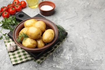 Tasty young boiled potatoes with dill, oil in bowl and products on grey textured table. Space for text