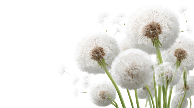 Fluffy white dandelions clustered together