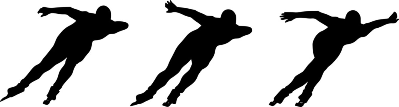 Silhouette illustration of three speed skaters in motion on ice with bent posture and skates visible | editable eps vectors
