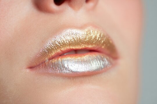 Shimmering metallic lips in gold and silver create striking visual impact, emphasizing beauty