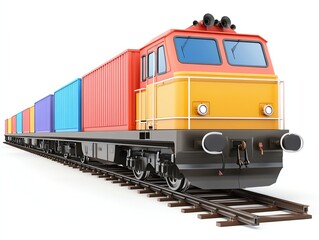 Obraz premium Colorful freight train with containers on tracks, symbolizing modern transport and logistics.