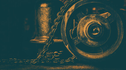 Rustic gear with chain and mechanical details in dim lighting