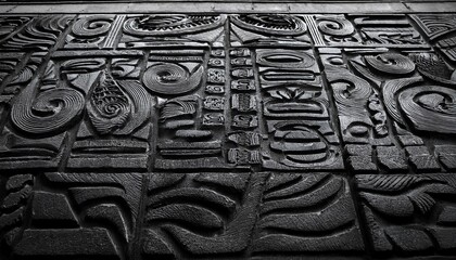 handcarved tribal designs on black brick wall urban art scene texture photography close up perspective cultural expression