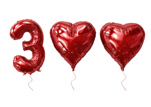 Three glossy red foil balloons;  number 3 and two hearts.  Celebration, anniversary, or birthday theme
