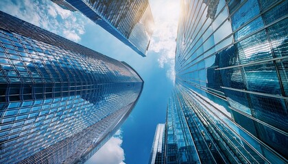 Obraz na płótnie Canvas dynamic low angle view of modern glass skyscrapers looking up at a blue sky with clouds corporate architecture background for business finance and success concepts