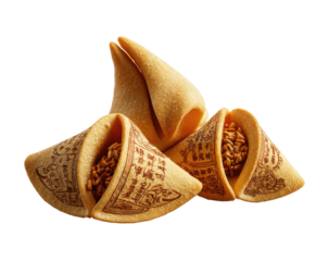 Three fortune cookies, cone-shaped, light golden-brown.  Printed design visible on each